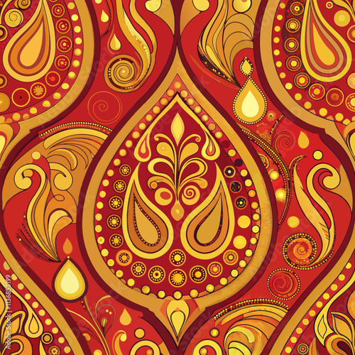 Vibrant paisley pattern with intricate gold and red teardrop shapes on a rich red background