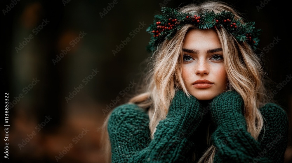 Fototapeta premium A stunning young woman adorned with a festive crown made of greenery and berries, wrapped in a cozy sweater, exuding natural beauty amid a tranquil woodland setting.