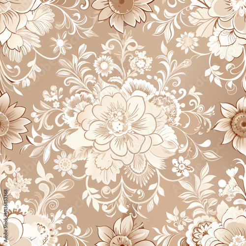 Vintage beige floral pattern with delicate white flowers and intricate details