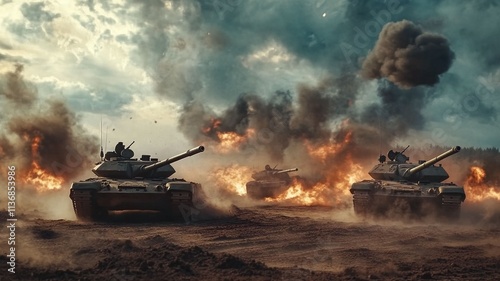 Military tanks advancing through battlefield with explosions and smoke. Dramatic scene of armored vehicles in combat. War concept with fiery sky background