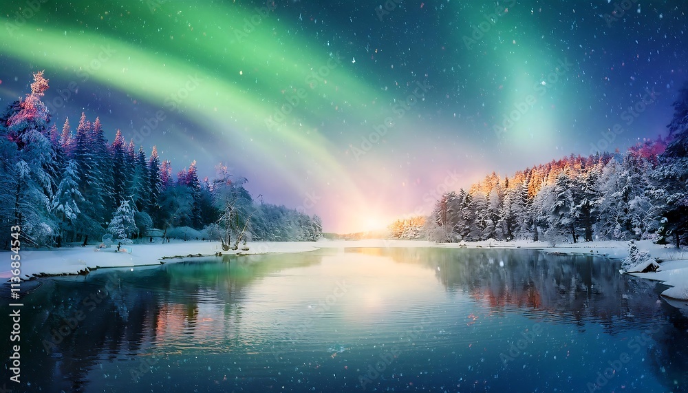 Enchanting winter landscape with northern lights illuminating a serene snowy river at dusk. Generative AI