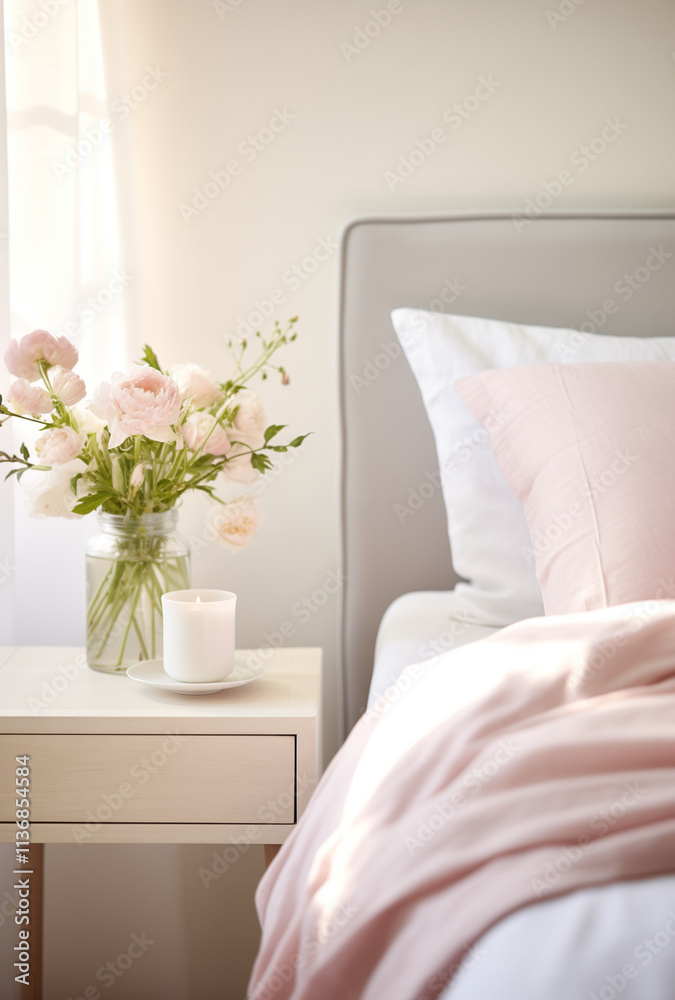 Modern and cosy badroom with big bad, night table and flowers in a vase. Modern and cosy badroom with big bad, night table and flowers in a vase.