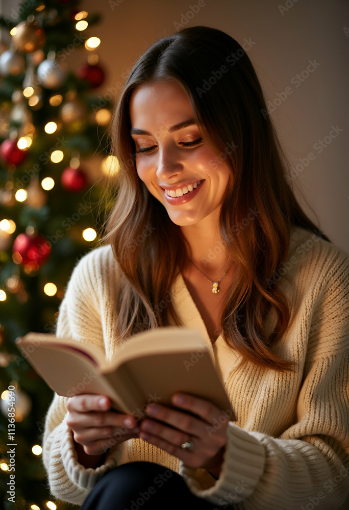 Festive Scene: Woman Reading a Christmas Greeting Card Festive Scene: Woman Reading a Christmas Greeting Card