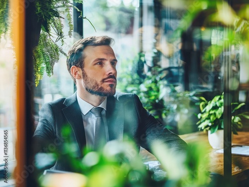 A business executive in an office, discussing the expansion green policies, sustainable innovation, and eco-friendly business practices that contribute to global sustainability.