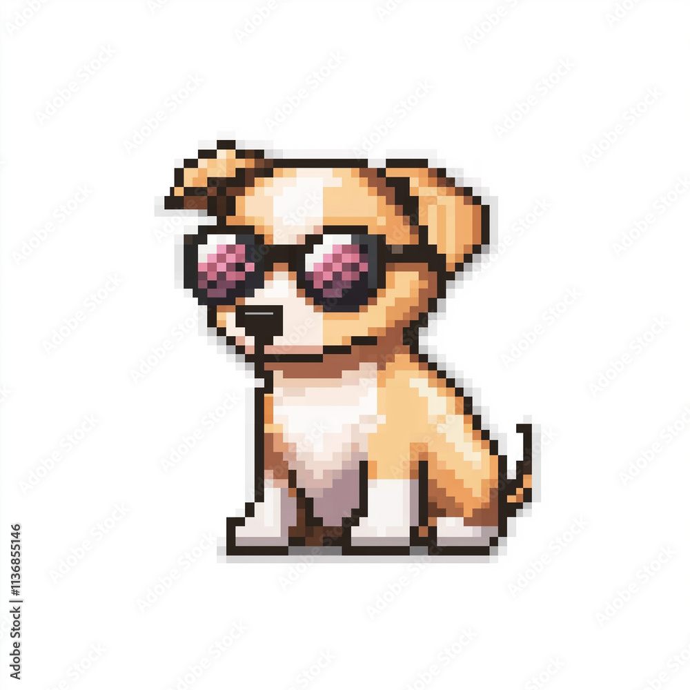 Obraz premium Pixel art puppy wearing sunglasses, a fashionable canine companion