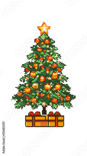 Pixel art christmas tree with gifts on transparent background