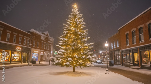 Snowy Winter Night with Christmas Tree Illuminated by Lights in Charming Town Square, Creating a Festive Atmosphere for the Holiday Season