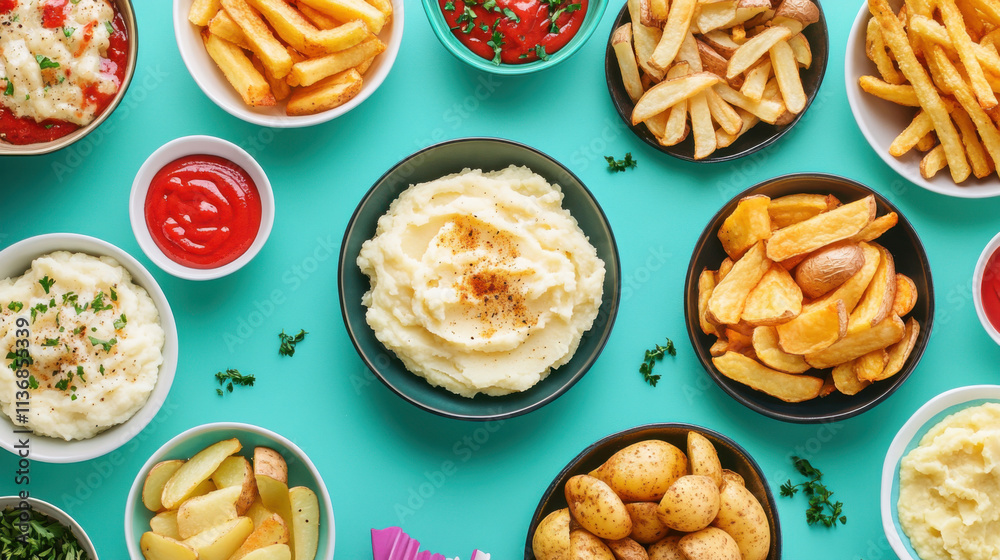 Colorful Arrangement of Delicious Sides Featuring Mashed Potatoes, Crispy French Fries, Dipping Sauces, and Other Tasty Accompaniments on Vibrant Blue Background Colorful Arrangement of Delicious Sides Featuring Mashed Potatoes, Crispy French Fries, Dipping Sauces, and Other Tasty Accompaniments on Vibrant Blue Background