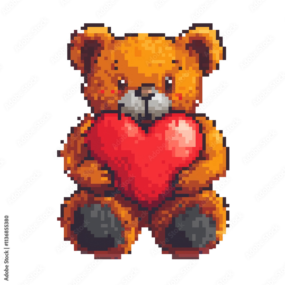 Fototapeta premium Pixel art teddy bear holding a red heart on transparent background