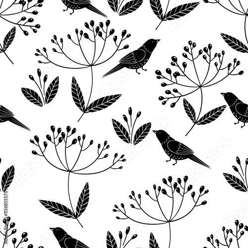 Pattern Seamless with birds and the plant. Monochrome pattern of birds. Background for cloth, covers and postcards.