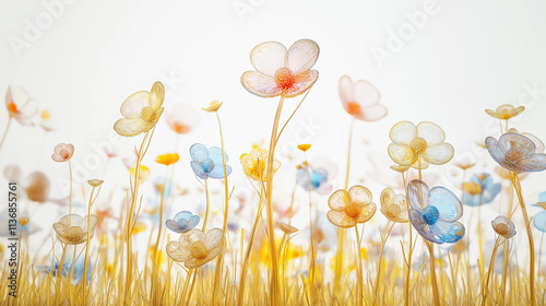 Colorful translucent flowers growing in a field of light grass