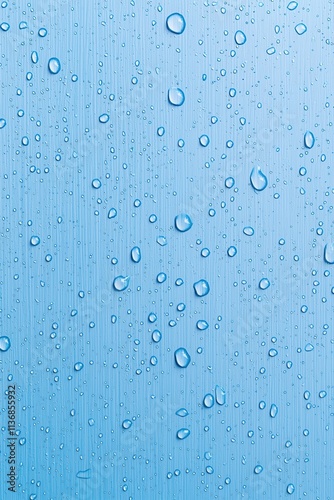Close-up of raindrops on a blue background, creating a refreshing and tranquil atmosphere.