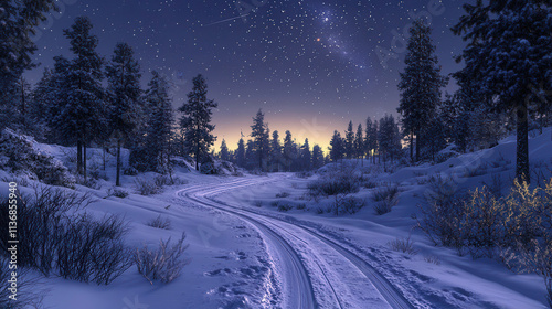 Starry winter night over a snowy landscape with cross country ski tracks winding through pine trees