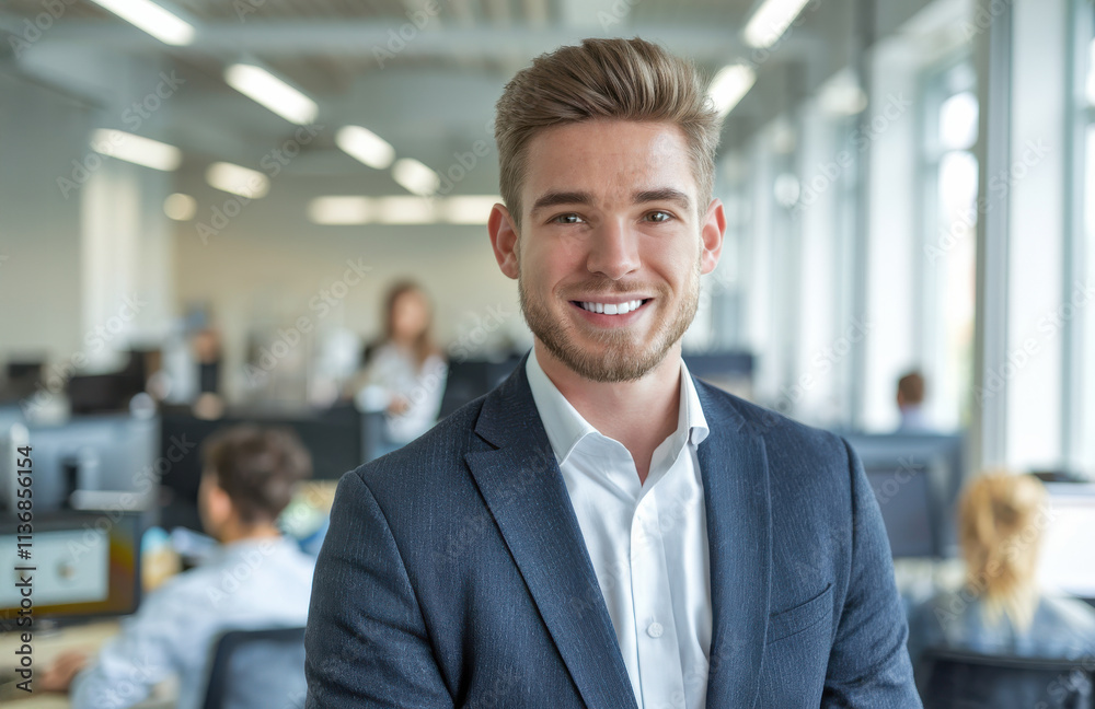 Fototapeta premium Cheerful young businessman with a formal outfit in a bright and open workspace, reflecting confidence and leadership, with colleagues working collaboratively in the background.