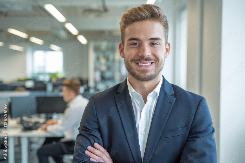 Confident young business man with crossed arms in a professional office setting, showcasing a bright smile and formal suit, surrounded by a modern workplace environment. Confident young business man with crossed arms in a professional office setting, showcasing a bright smile and formal suit, surrounded by a modern workplace environment.