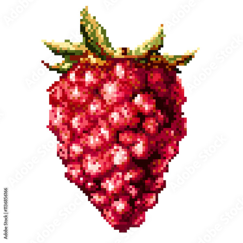 Pixel art raspberry isolated on transparent background with green leaves