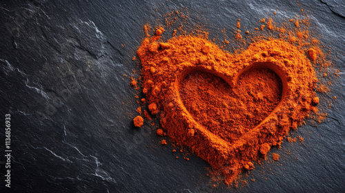 Heart Shape Created with Vibrant Chili Powder on Dark Slate Background, Symbolizing Passion and Flavor in Cooking and Culinary Arts