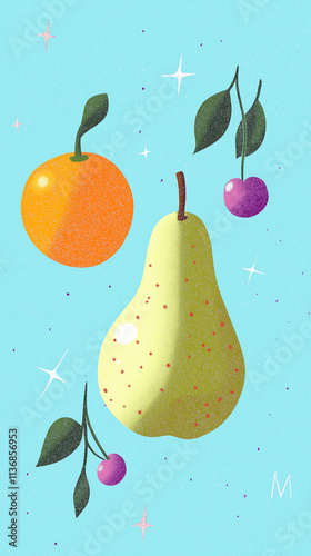 Colorful illustration featuring pear, orange, and cherries on light blue back...