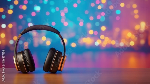 Close-up view of headphones resting on a table with a vibrant bokeh background showcasing lights and colors mockup, mock up, template, empty, for text, place, copyspace, copy space