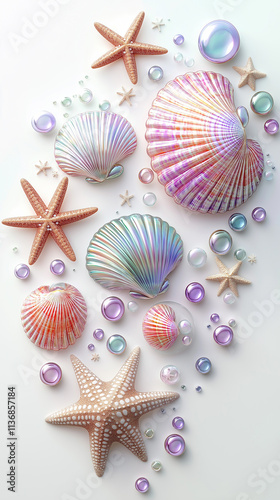 Starfishes and scallops creating a summer beach scene with colorful pearls