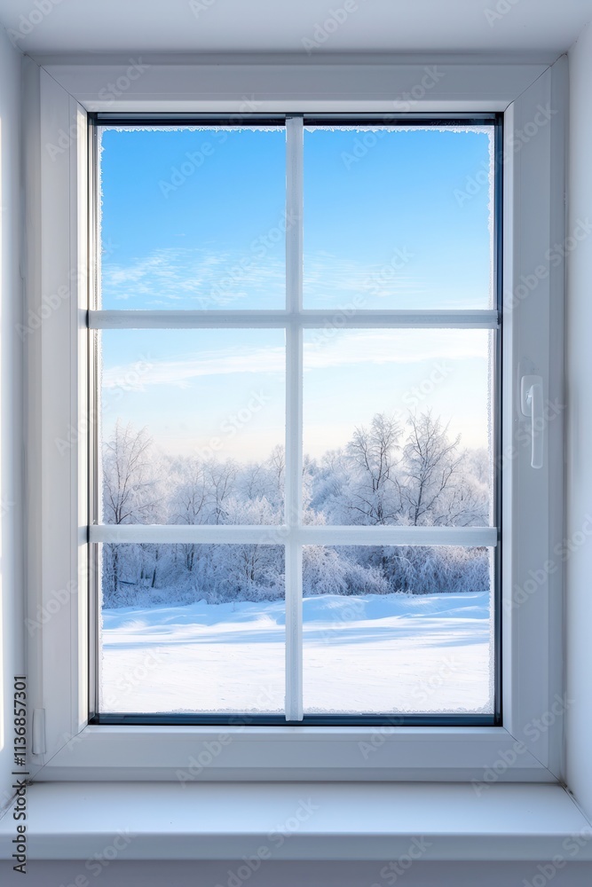 A serene winter view through a white-framed window, showcasing frosty trees and a clear blue sky. A serene winter view through a white-framed window, showcasing frosty trees and a clear blue sky.