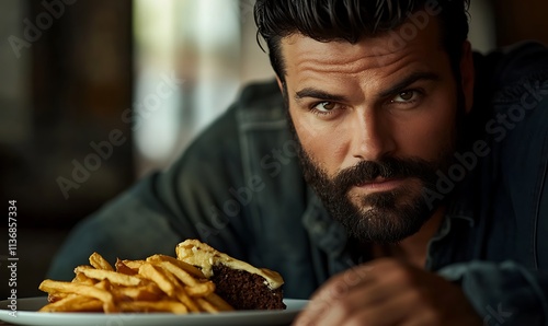 Bearded Man Gazing at Fries and a Cake photo