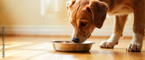 Dog sniffing food bowl on hardwood floor, pet nutrition