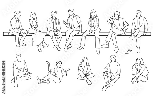 Vector silhouettes of a men and a women sitting on a bench, a group of business people, hand draw, linear sketch, black color on a white background