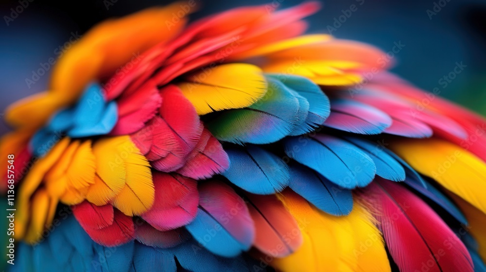 Obraz premium An artistic close-up captures the detailed textures and vivid colors of a parrot's feathers, emphasizing the intricate details and beauty found in nature.