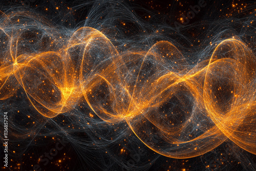 Orange and Yellow abstract energy background with wavy lines and sparkles on black with copy space