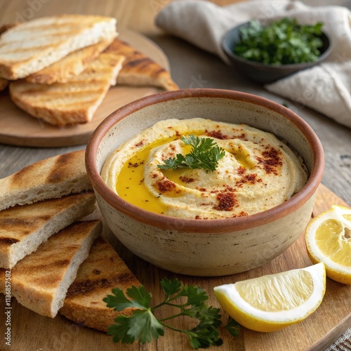 Bissara Served With Lemon and Herbs in a Rustic Bowl With Grilled Bread. Generative AI photo