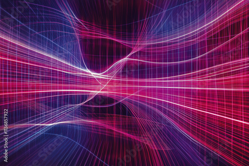 Purple and red abstract energy background with wavy lines and sparkles on black with copy space