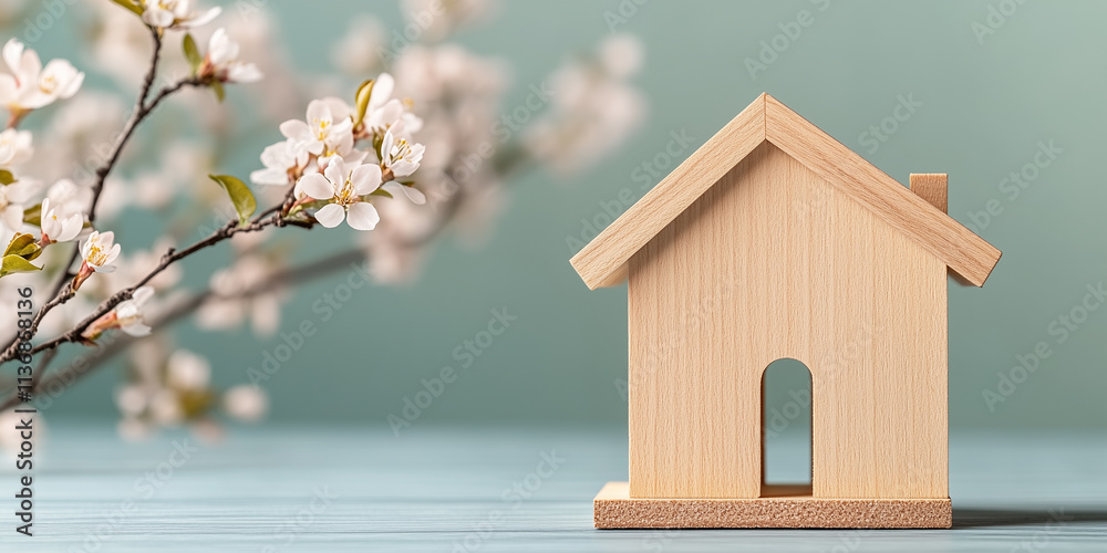 Small bird house in spring setting with copy space Small bird house in spring setting with copy space