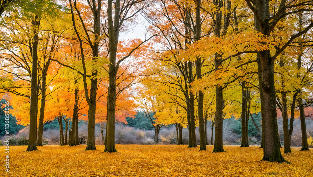 Naklejka premium Vibrant autumn foliage in a serene forest displaying shades of orange and yellow under a soft afternoon light