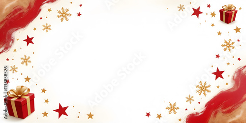 Merry Christmas illustration with gifts decorated in red and gold, decorated with stars and snowflakes. Central copy space for holiday celebration cards and invitations.