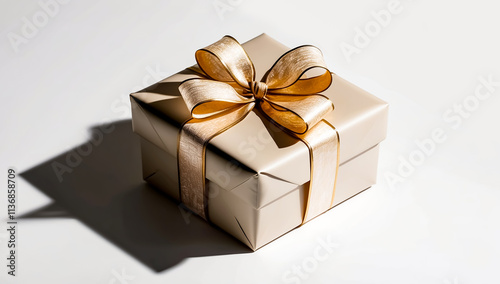 Photo of a gift box with a luxurious gold ribbon neatly wrapped. placed on a white background