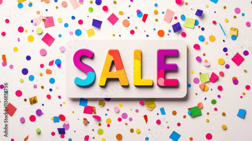 Colorful Sale Announcement with Festive Confetti Background Featuring Bold Letters in Vibrant Colors Ideal for Marketing and Promotional Campaigns