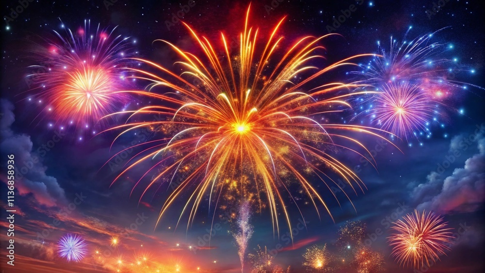 Beautiful bright fireworks display illuminating the night sky with vibrant colors and bokeh effect
Beautiful bright fireworks display illuminating the night sky with vibrant colors and bokeh effect