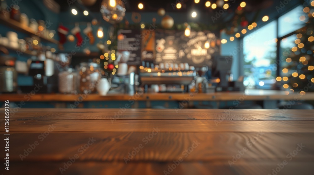 Empty wooden table top with a blurred background of Christmas lights and a window, a product display template for advertising design. Blurred Christmas interior in a coffee shop Empty wooden table top with a blurred background of Christmas lights and a window, a product display template for advertising design. Blurred Christmas interior in a coffee shop