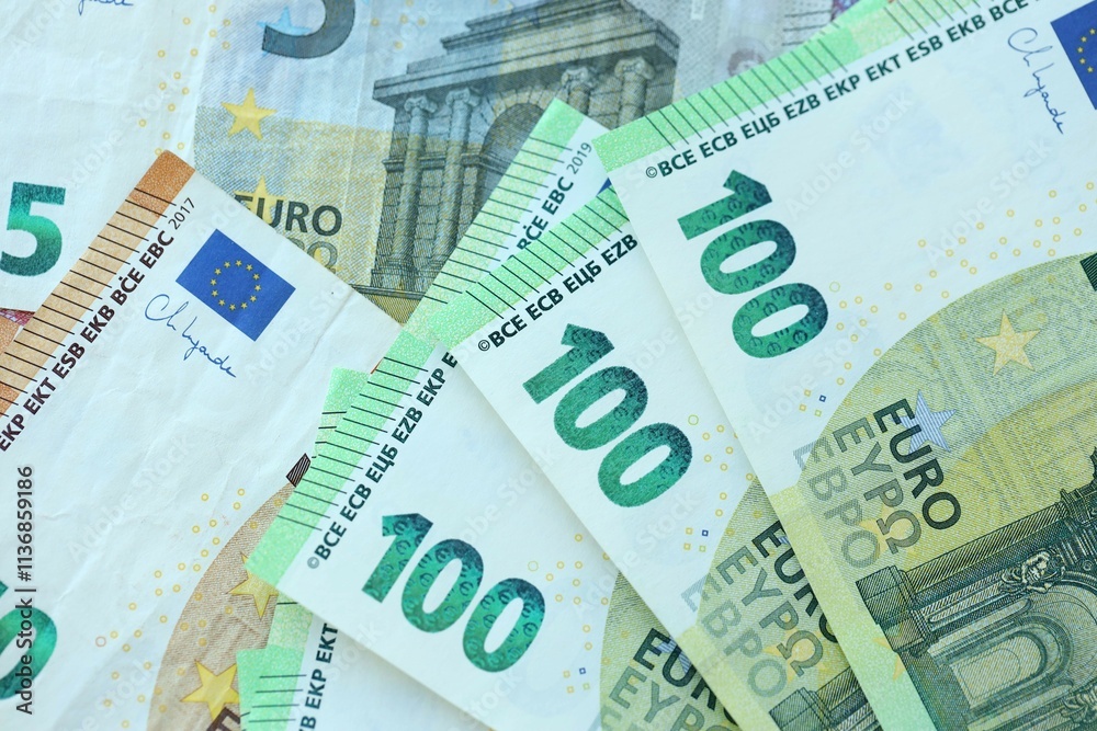 Many real european euro banknotes in big pile Many real european euro banknotes in big pile