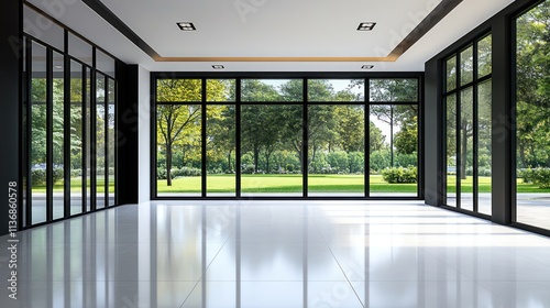 Modern empty room with large windows and garden view.