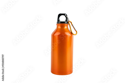 Bright orange water bottle with black handle and yellow chain. The bottle stands on a transparent background.