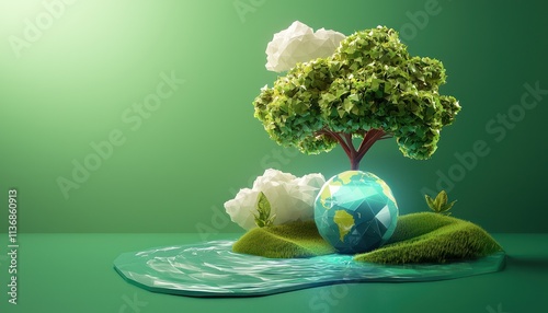 A futuristic World Environment Day poster with a low-poly tree, cloud, and river flowing beneath a glowing globe, set against a green background. photo