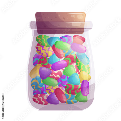 A glass jar with colorful candies. Sweet products, dessert, confectionery concept. Vector illustration on a white background for a poster, banner, postcard, advertisement.