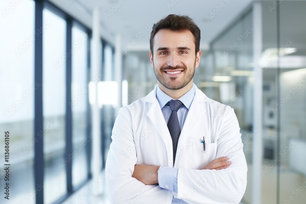 Fototapeta premium Confident, cheerful doctor standing with crossed arms in modern clinic, wearing white coat. Professional healthcare