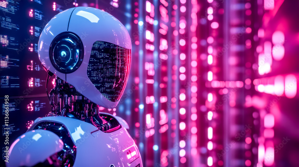 Fototapeta premium Robot guarding futuristic server room with cyber security measures