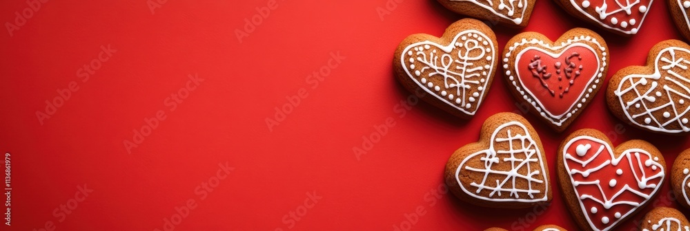 A delightful display of heartshaped gingerbread cookies on a vibrant red background, embodying the enchanting spirit of Valentines Day and evoking cherished feelings of love and romance A delightful display of heartshaped gingerbread cookies on a vibrant red background, embodying the enchanting spirit of Valentines Day and evoking cherished feelings of love and romance