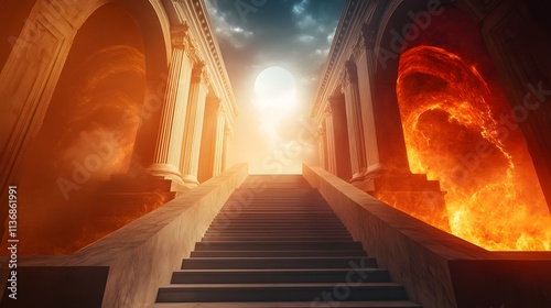 A grand staircase ascends between heaven and hell photo