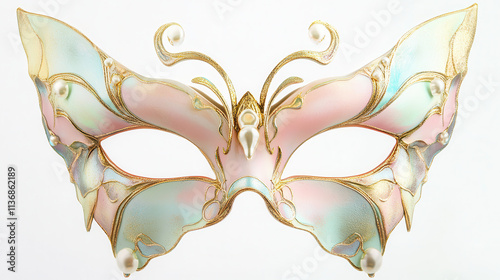 An ethereal masquerade mask in iridescent pastel hues of soft pink, turquoise, and gold with delicate butterfly wing motifs integrated into its design photo