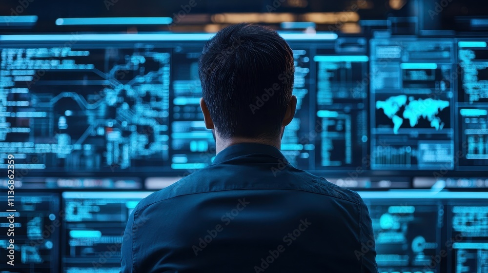 Man Working in Tech Command Center with Multiple Data Screens Man Working in Tech Command Center with Multiple Data Screens